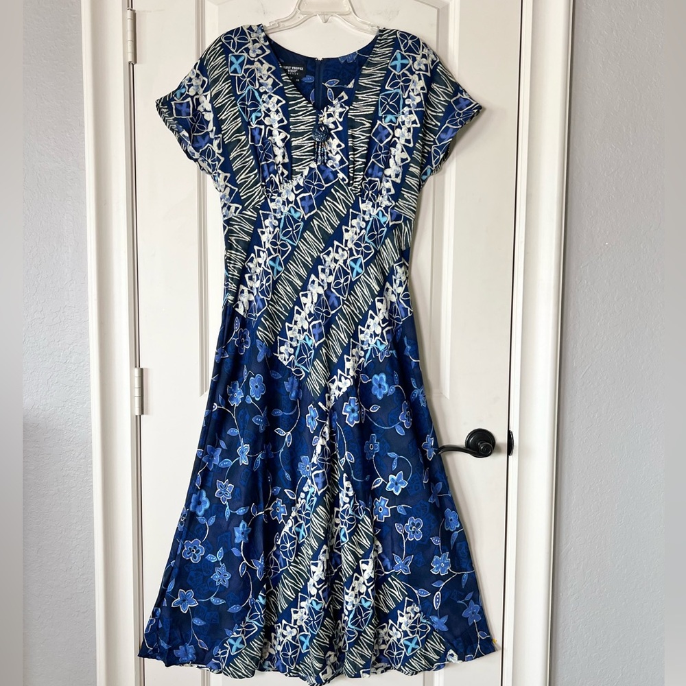 Vintage Saint Tropez West Blue Tropical Patchwork Floral Maxi Dress Size 14